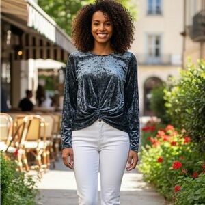 Pleione NWOT Luxurious Slate Blue Crushed Velvet Knot Front Top Size Medium